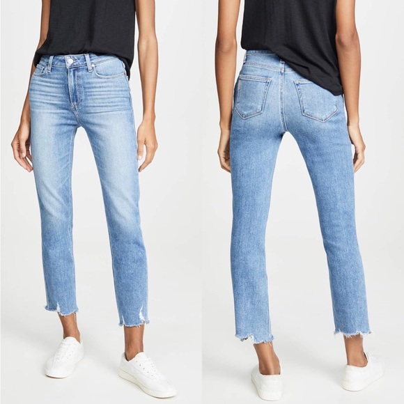 PAIGE Denim - Paige Cindy Mel Destroyed Raw Hem Med Wash High Rise Relaxed Fit Crop Denim Jean